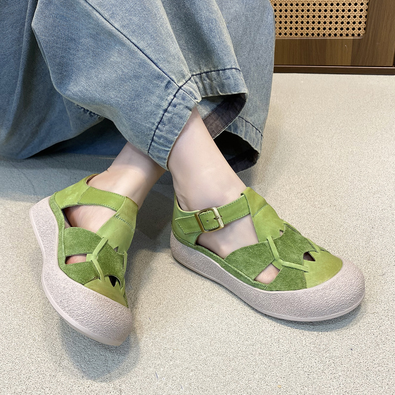 Top Layer Cowhide Casual All-Match Flat Sneakers Sports-Style Hollow Roman Sandals Women's 2025 Summer New Style