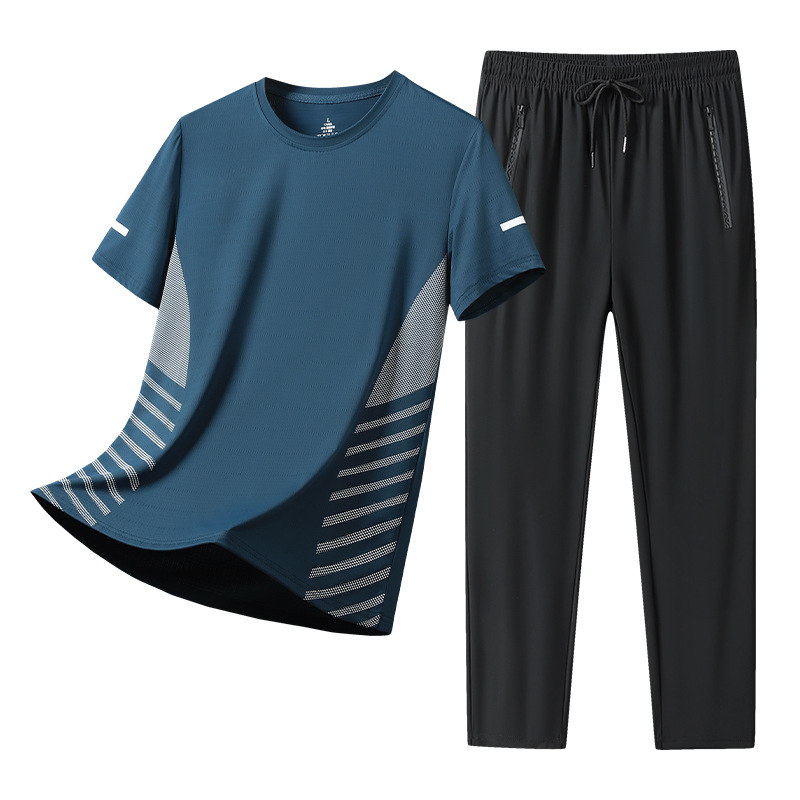 Traje deportivo de verano al aire libre, manga corta de verano, traje de hielo para correr y caminar, un conjunto de bolsillos con cremallera