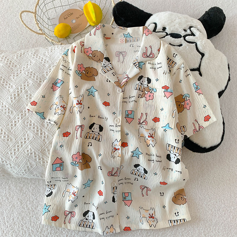 Impresión de dibujos animados nubes de algodón pijama de mujer verano nuevo suelto delgado pareja ropa de hogar de mangas cortas pantalones cortos dos piezas