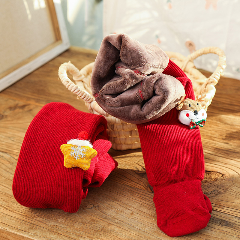 儿童打底裤秋冬新款加绒加厚宝宝打底裤大红新年圣诞大PP连裤袜