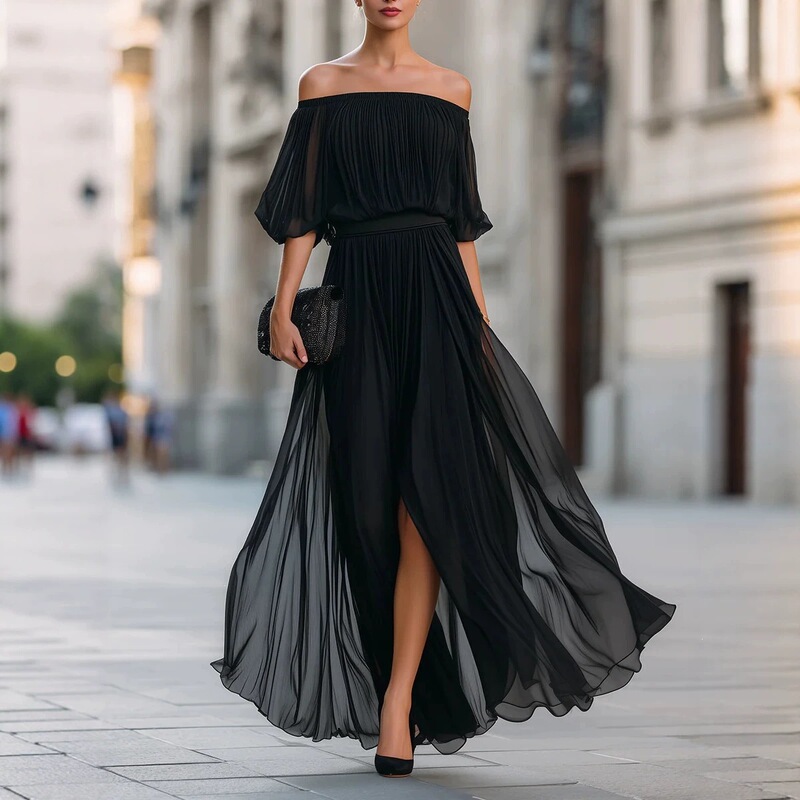 2026 Cross-Border Amazon Independent Site Foreign Trade New Summer Sexy Women's Off-Shoulder Pleated Chiffon Long Dress 2026 Cross-Border Amazon Independent Site Foreign Trade New Summer Sexy Women's Off-Shoulder Pleated Chiffon Long Dress