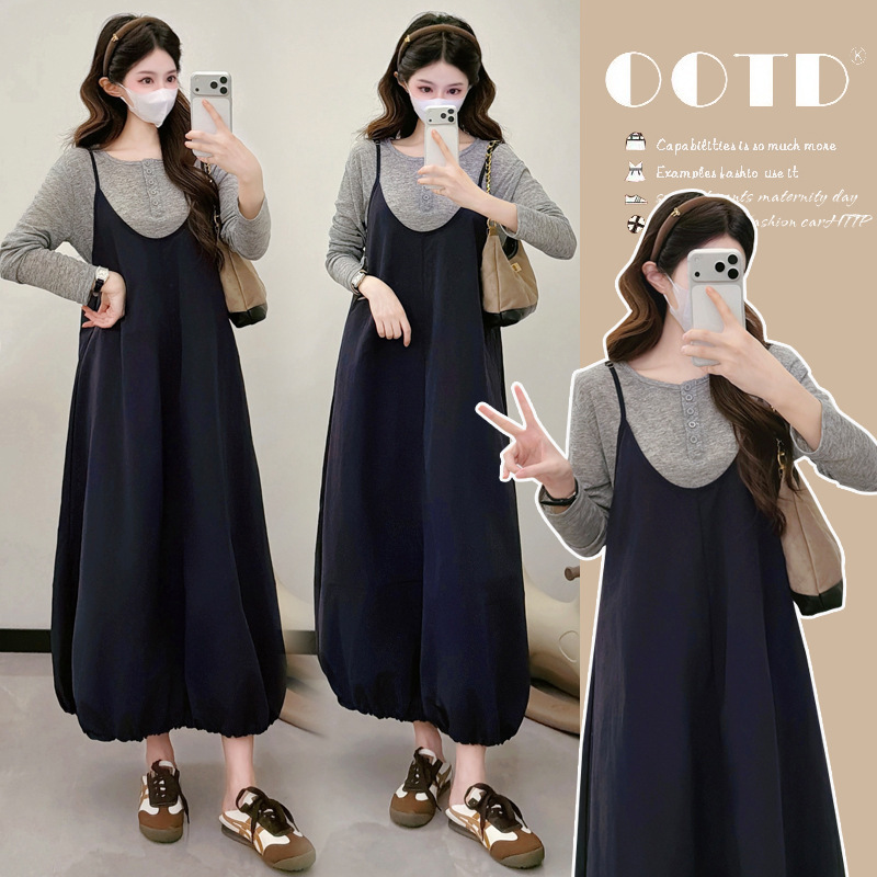 Maternity Wear Spring Suit New Fashion Korean Style Simple Long-Sleeved Top Flower Bud Suspender Dress Suit Maternity Wear Spring Suit New Fashion Korean Style Simple Long-Sleeved Top Flower Bud Suspender Dress Suit