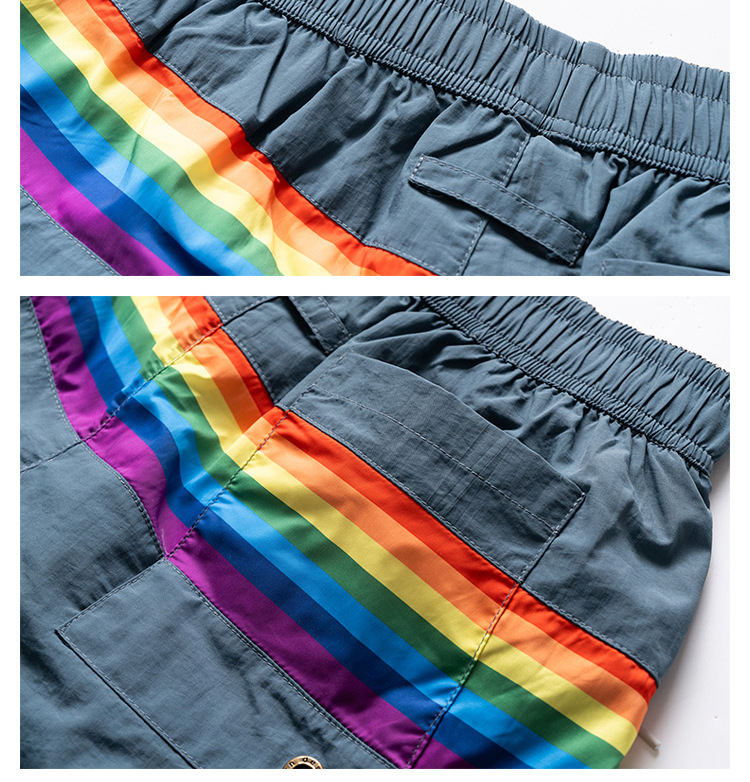 Men's Trendy Beach Shorts Loose Fit Rainbow Stripe Casual Sports Fashion Three Quarter Length Summer Bottoms_viptrois.com