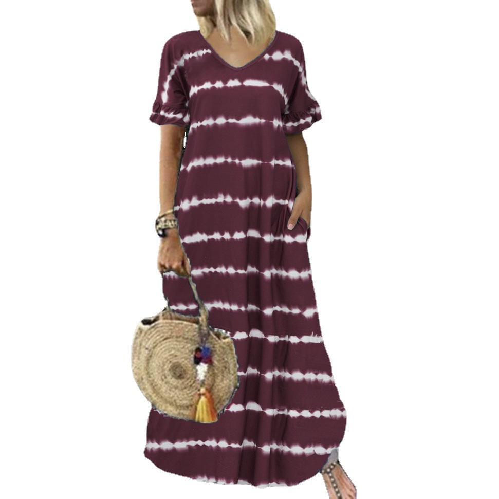 Summer European and American New Dress Wish Cross-Border V Neck Lotus Leaf Sleeve Stripesd Printed Long Skirt Large Size Casual Skirt