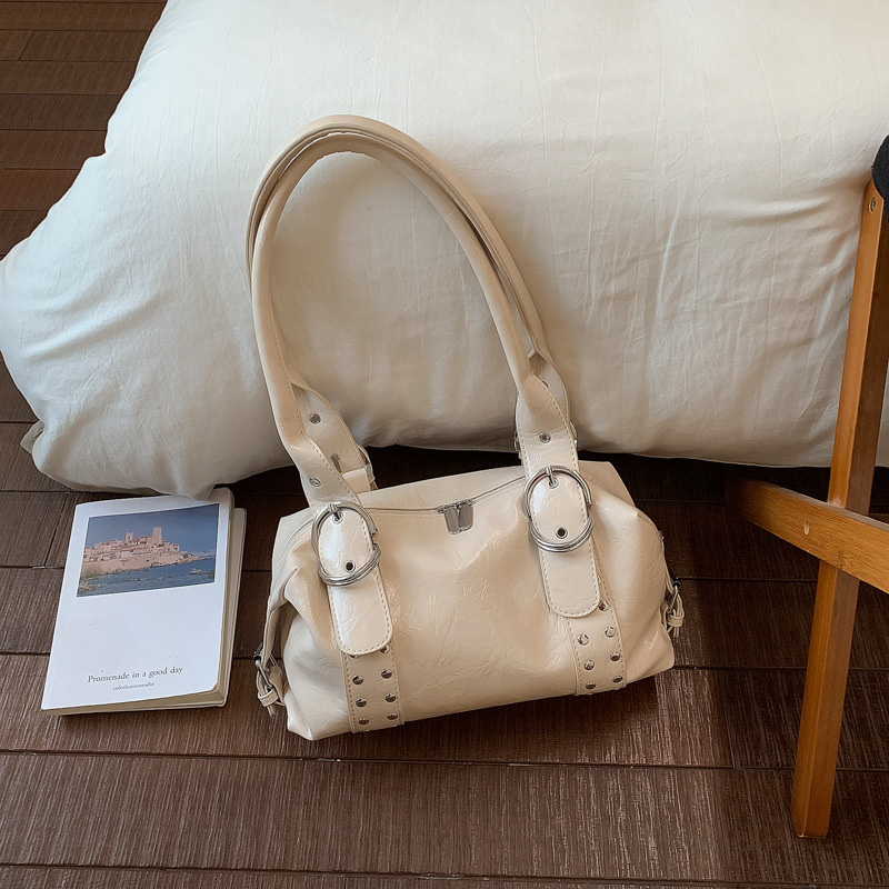 Vintage Handbag with a Niche High-End Feel, Metal American-Style Soft Leather Boston Handbag, Underarm Pu Leather Women's Bag, Shoulder Bag Vintage Handbag with a Niche High-End Feel, Metal American-Style Soft Leather Boston Handbag, Underarm Pu Leather Women's Bag, Shoulder Bag