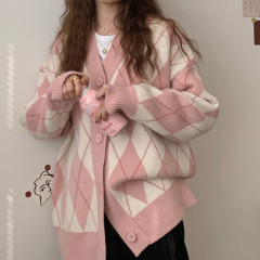 韩版撞色菱形甜美时尚毛衣女2025秋冬新款宽松慵懒风针织开衫上衣