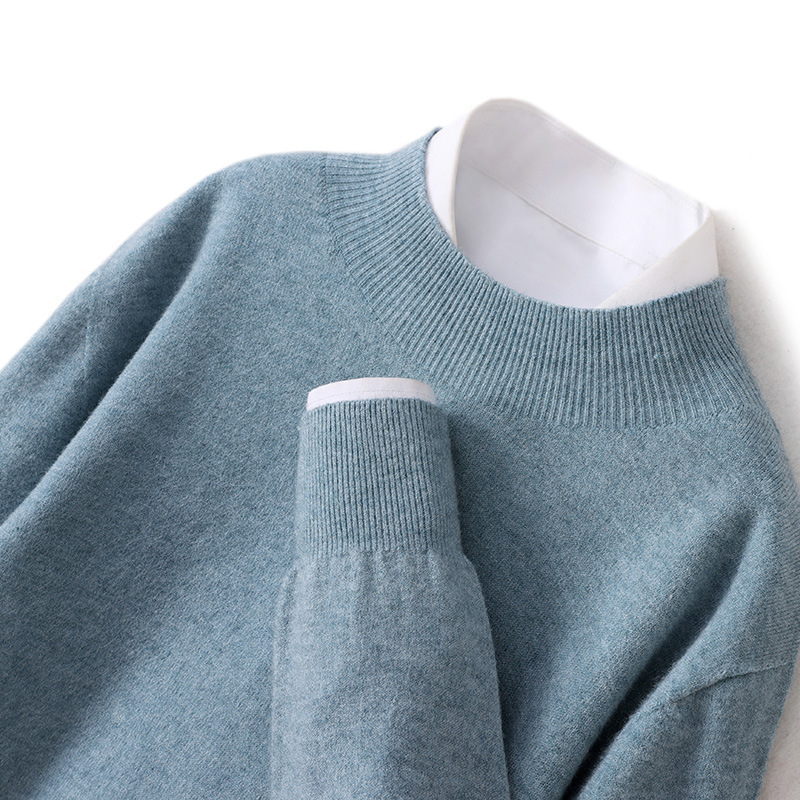 Men's Semi-High Collar Knit Pullover Sweater, Casual Loose Base Fleece Sweater, High-Quality Imitation Wool Knitwear