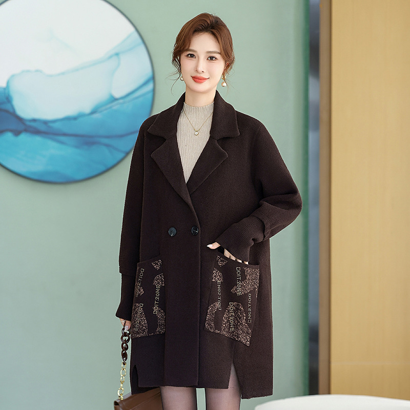 中老年妈妈中长款双面羊绒大衣女秋冬加肥加大码西装领羊毛呢外套