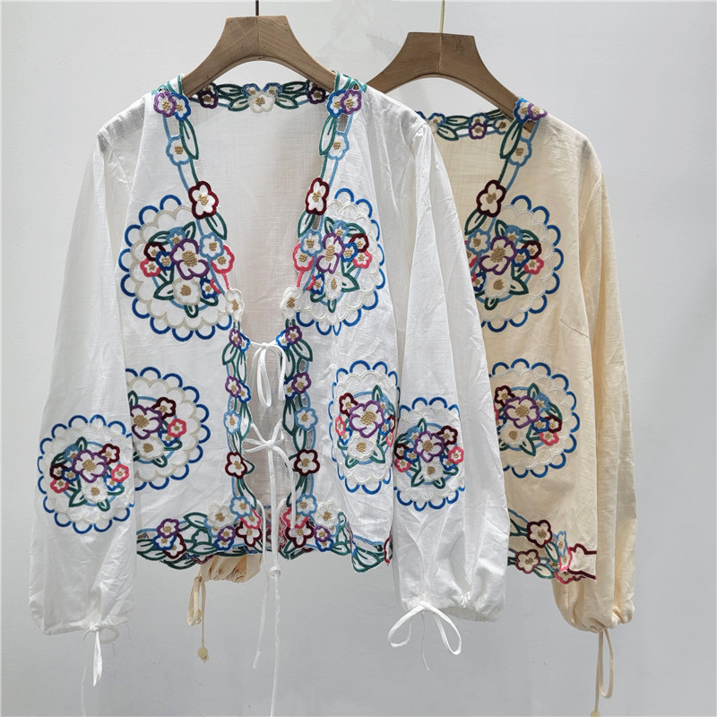 French-Style Retro Ethnic Heavy Embroidery Hollow Lace V-Neck Tie Cotton-Linen Blouse