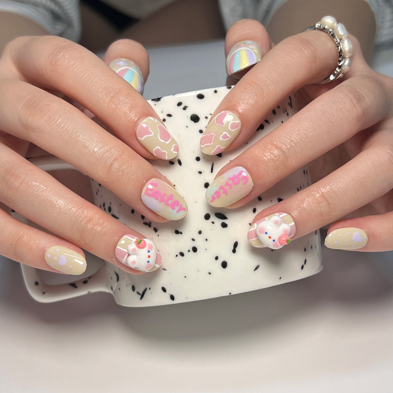 Wearable Nails Cute Cartoon Rabbit Easter Manicure Fake Nails Nail Pieces Wearable Nail Stickers Wholesale