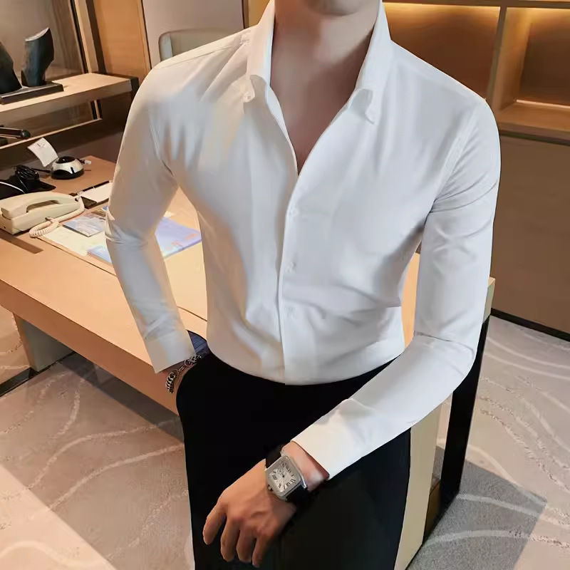 Cross-Border Export Wholesale Popular Men's Large V Neck Long-Sleeved Shirt Korean Style Handsome Men's Shirt for All Seasons