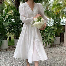 韩国ins 法式中古气质温柔蕾丝拼接收腰显瘦连衣裙