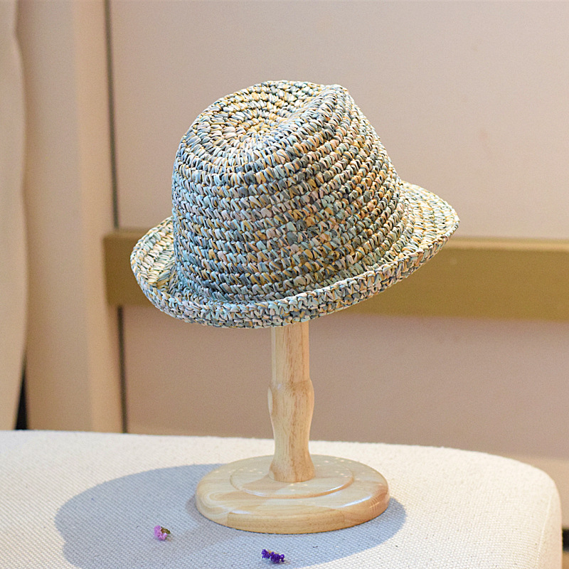 Fresh and Simple Mixed Color Handmade Crochet Straw Jazz Hat for Women, Spring and Summer Vacation Sunshade Foldable Straw Hat for Men