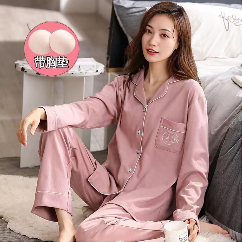 Otoño 100% pijamas de algodón puro para mujeres primavera y otoño con almohadilla en el pecho anti-Bump pantalones de manga larga ropa de abrigo de alta gama homewear