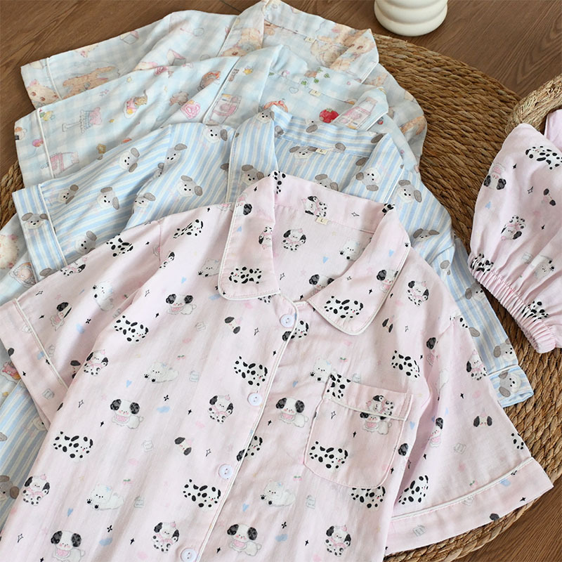 Summer Gauze Short-sleeved Pants Shorts Pajamas suit Women's Breathable Pure Cotton Lapel Loose Cartoon Thin Home Clothes