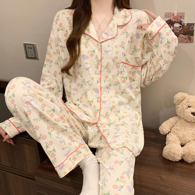 蝶結びのさくらんぼのプリントの女性のパジャマの春と秋の新型のカーディガンの長袖のズボンの部屋の服のスーツは実際に卸売りをたたきます。|undefined