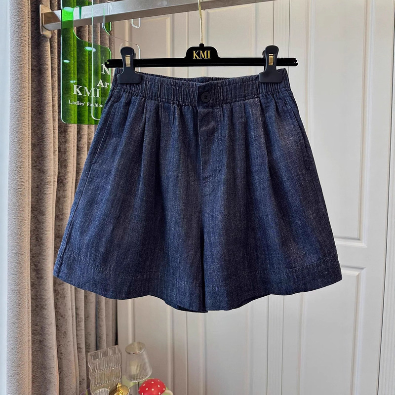 Extra Large Size 120kg European Elastic Waist Dark Blue Denim Shorts Women's Casual Pants Versatile Wide-Leg Knee-Length Shorts Summer