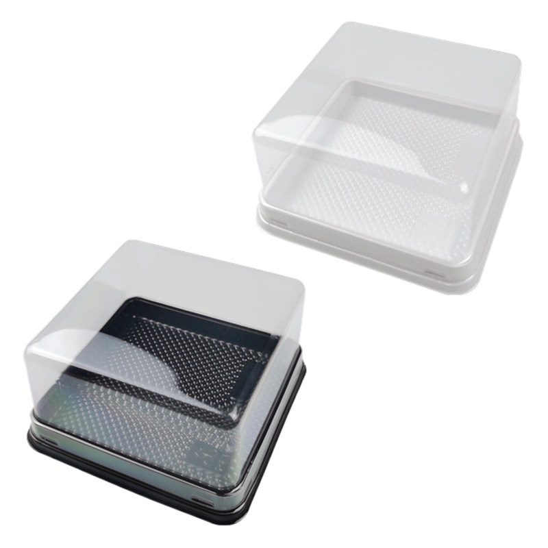Embalaje para hornear cuadrado caja de pastel de múltiples capas antigua caja de mousse temprano bacterias de ácido láctico tapa transparente fondo blanco y negro