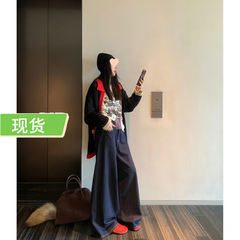 女性のためのダークブルーのジーンズ秋の新しいレトロなストレートワイドレッグパンツルーズパンツフロアレングスパンツ