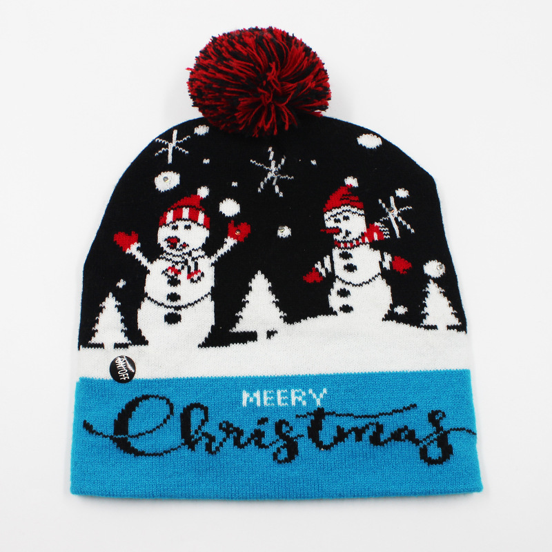 Fabricante transfronterizo de gorros navideños europeos y americanos tejidos en jacquard, gorros navideños de lana con luces LED, gorros navideños con pompón y bufandas. image 10