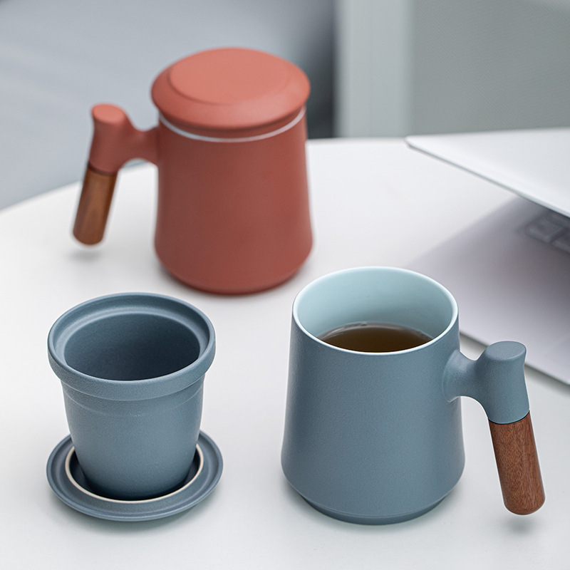 欧式陶瓷水杯茶水分离泡茶杯带盖过滤办公杯马克杯个人公司批发|ru