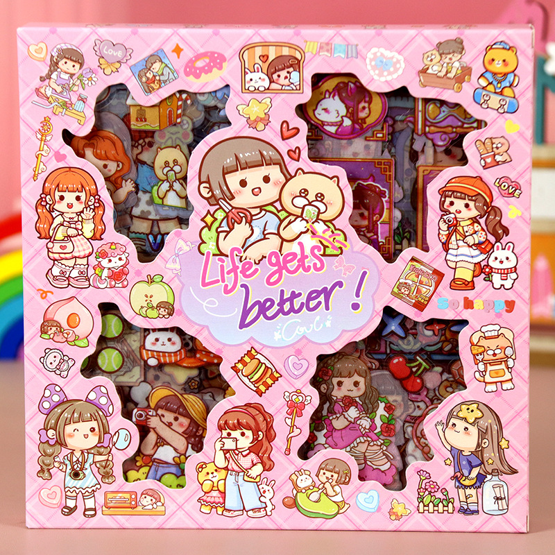 Caricatura infantil escena creativa pegatinas Sanrio fresas osos huevos pequeños papas de manzanilla diarios pegatinas cuaderno de notas