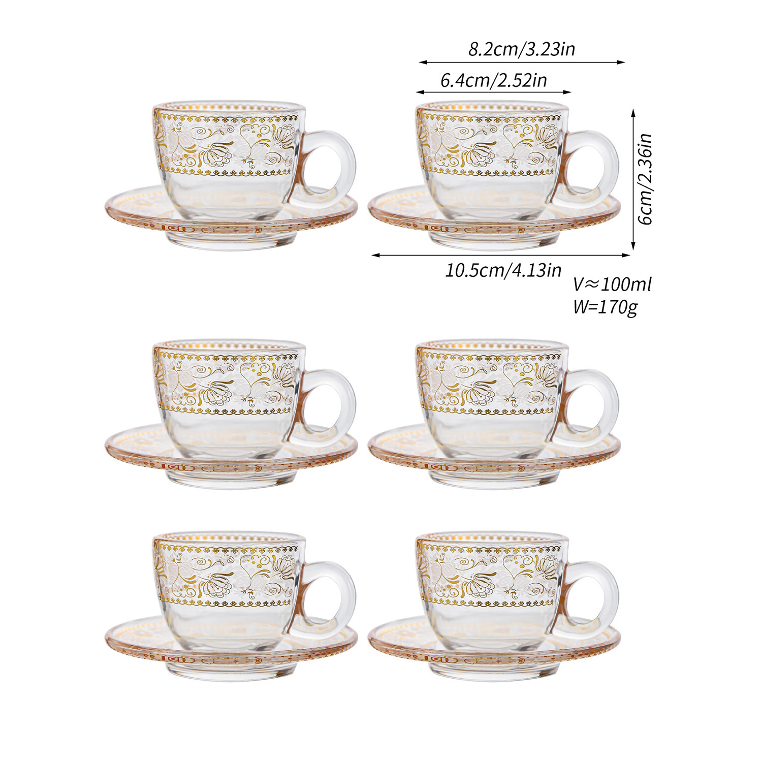 Taza y platillo de café con traza de oro transparente nórdico transfronterizo, taza de agua exquisita para el hogar, taza de café con leche, juego de taza de té de vidrio