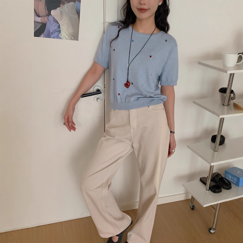 Embroidered Round Neck Short-Sleeved Knitwear T-Shirt Tops for Women Early Autumn New Loose Short Knitwear Outer Wear Trendy Cross-Border Batch Embroidered Round Neck Short-Sleeved Knitwear T-Shirt Tops for Women Early Autumn New Loose Short Knitwear Outer Wear Trendy Cross-Border Batch
