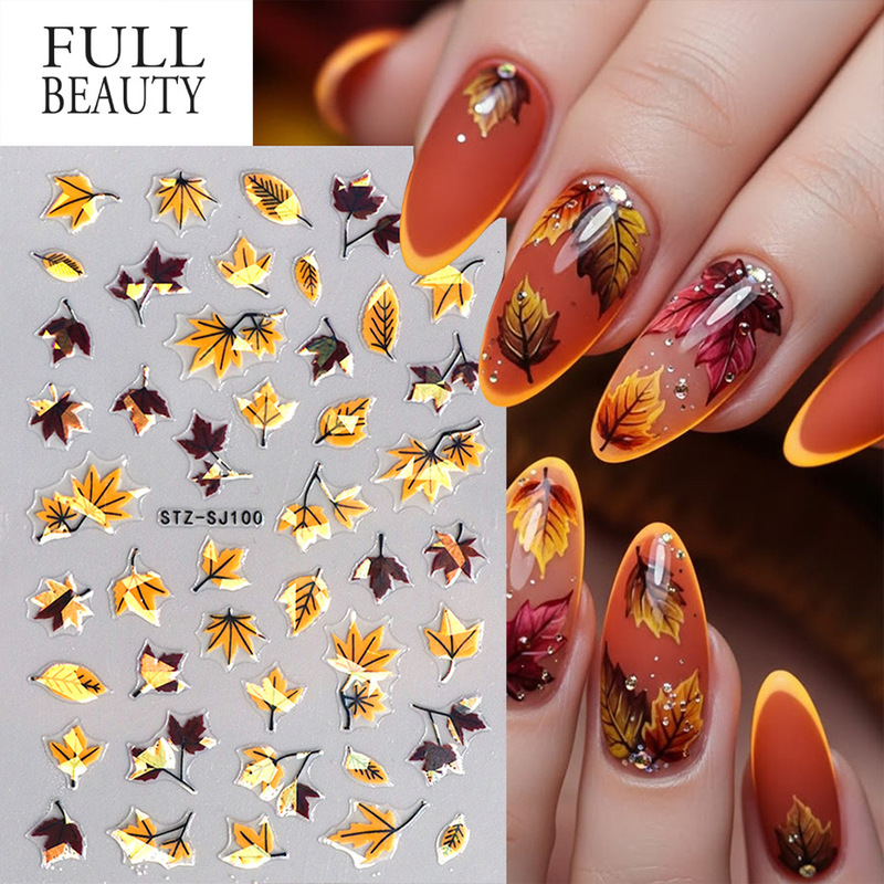 Cross-border new nail art stickers, Instagram-style autumn Thanksgiving laser maple leaf and fallen leaf adhesive nail stickers, wholesale