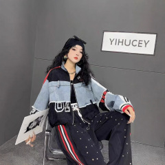 欧货牛仔外套女2025秋季新款个性蕾丝拼接数字母袖子破洞短款夹克