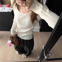 2025秋季设计感辣妹上衣U领大领口针织长袖T恤修身内搭毛衣打底衫