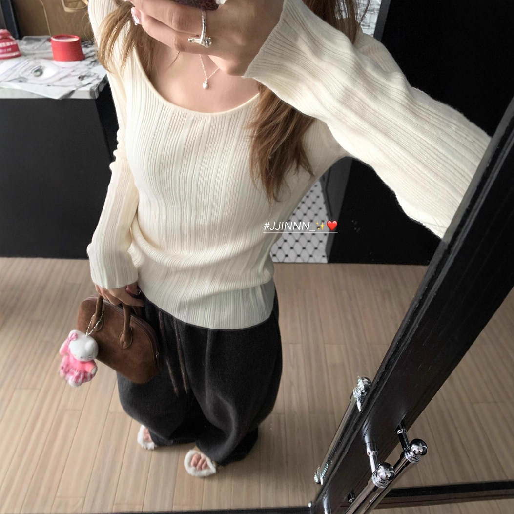 2025秋季设计感辣妹上衣U领大领口针织长袖T恤修身内搭毛衣打底衫