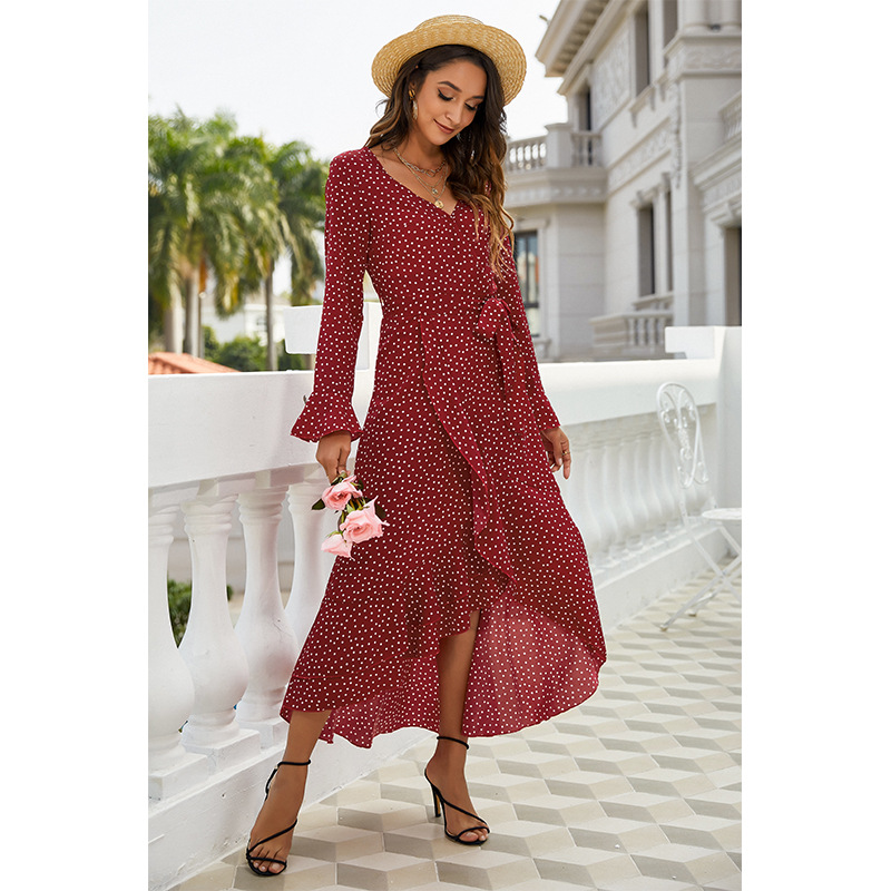 long-sleeved high-waist V-neck polka dot chiffon dress NSSA39241