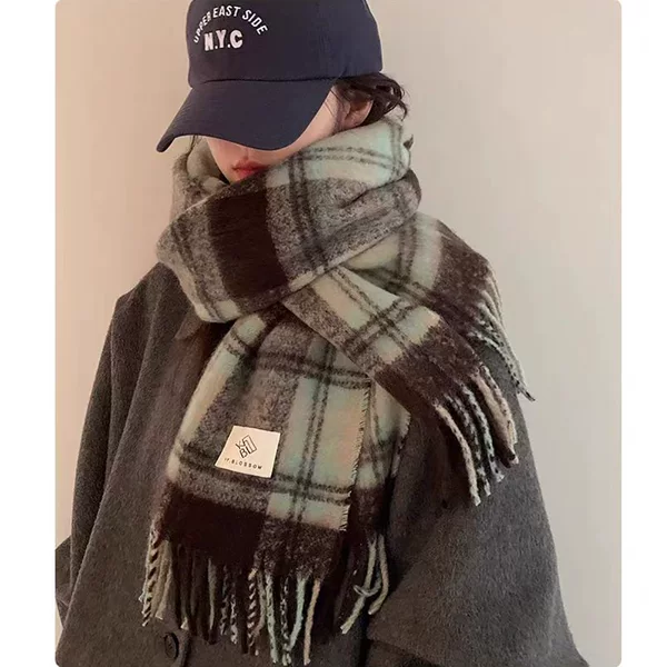 European and American Cross-border Scarf for Women in Autumn and Winter Korean Style Versatile Plaid Thickeneded Student Couple Scarf Mohair to Heattech