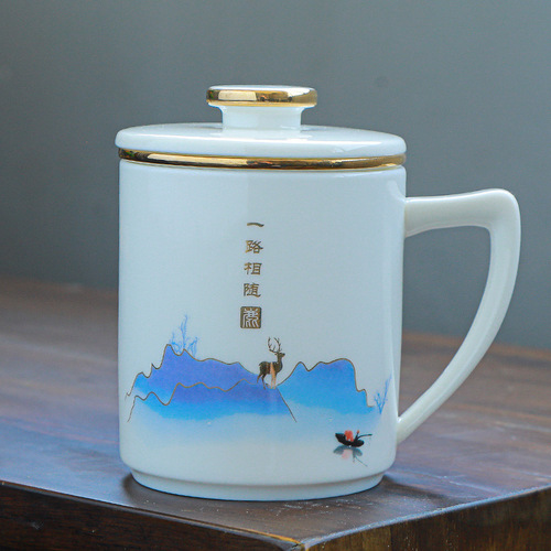 Suet-fat jade white porcelain tea set water cup office cup ocean wave deer mug ceramic office cup with lid painted with gold as a gift