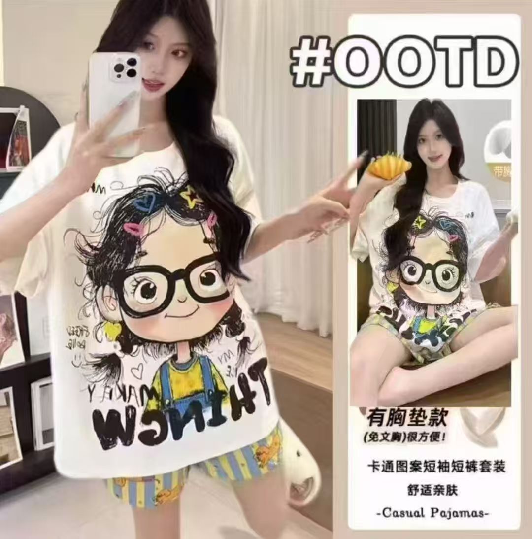 Embalaje transfronterizo precio especial explosivo con cojín de pecho pijama de mujer pantalones cortos de manga corta ropa de verano de algodón nublado conjunto de ropa exterior