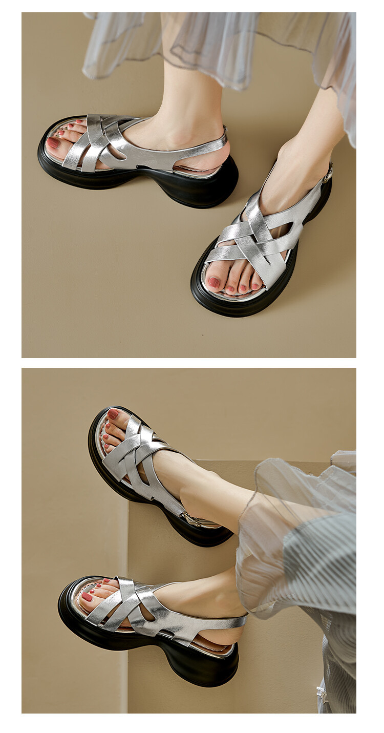 Sandal da cừu đế dày hở ngón tăng chiều cao nữ — Màu bạc, Màu mơ chi tiết 9