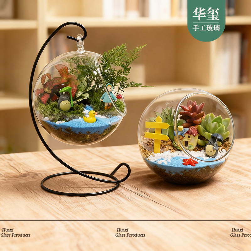 Micro-Landscape Ecological Bottle, Transparent Glass Hanging Succulent Plant Moss Hanging Bottle, DIY Handmade Green Plant Landscape Vase