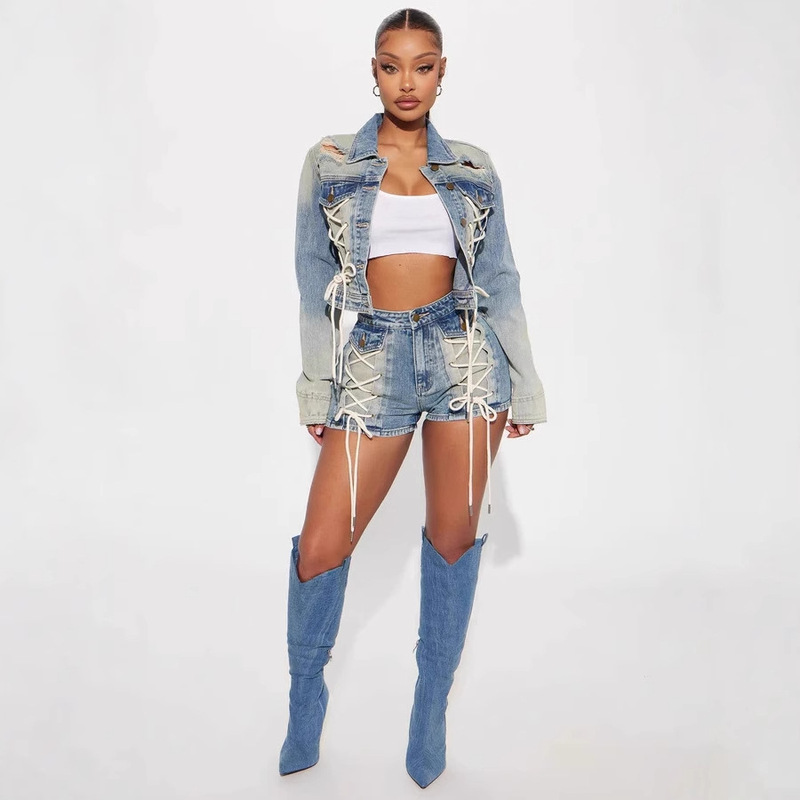 European and American Cross-border Women's Clothing Amazon New Fashion Drawstring Lace-up Shorts and Jacket suit Two-piece Set