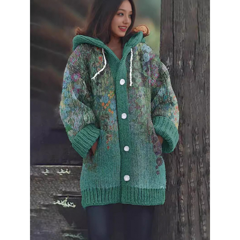 Autumn and Winter Export Hot-Selling Faux Sweater Loose 3D Printed Cardigan Retro Lazy Hooded Cape Coat