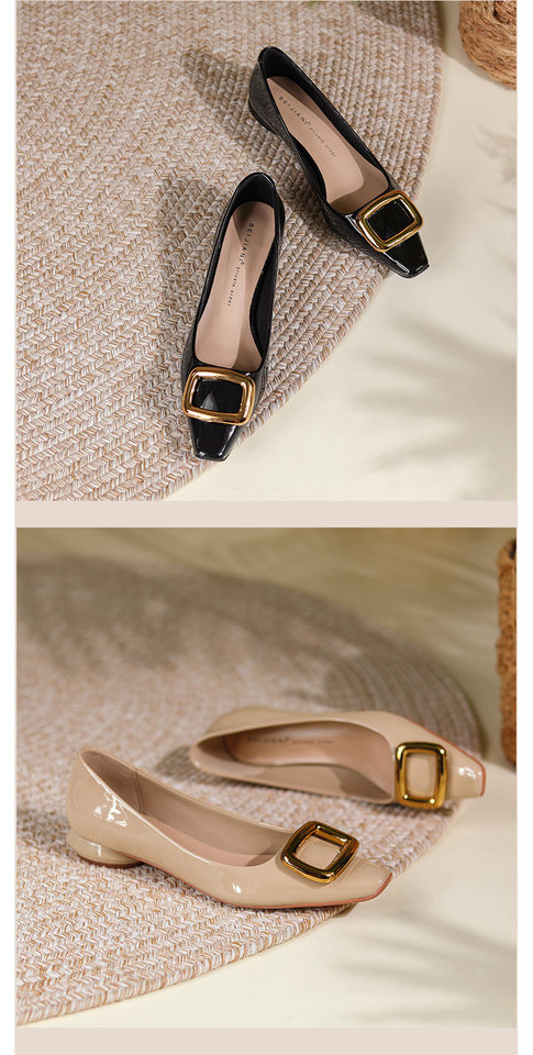 Giày cao gót nữ mũi vuông khóa vuông, da sáng chế, gót thô 6–8 cm — màu kaki, màu đỏ tía, đen chi tiết 9