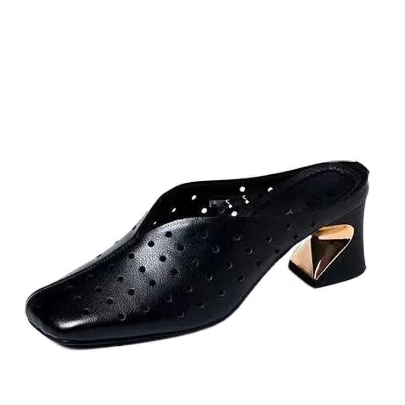 Mueller zapatos cuadrados de tacones gruesos para mujeres 2026 verano nuevos zapatos de agujero de cuero suave con cabeza de bolsillo medio zapatos de transporte universal image 5