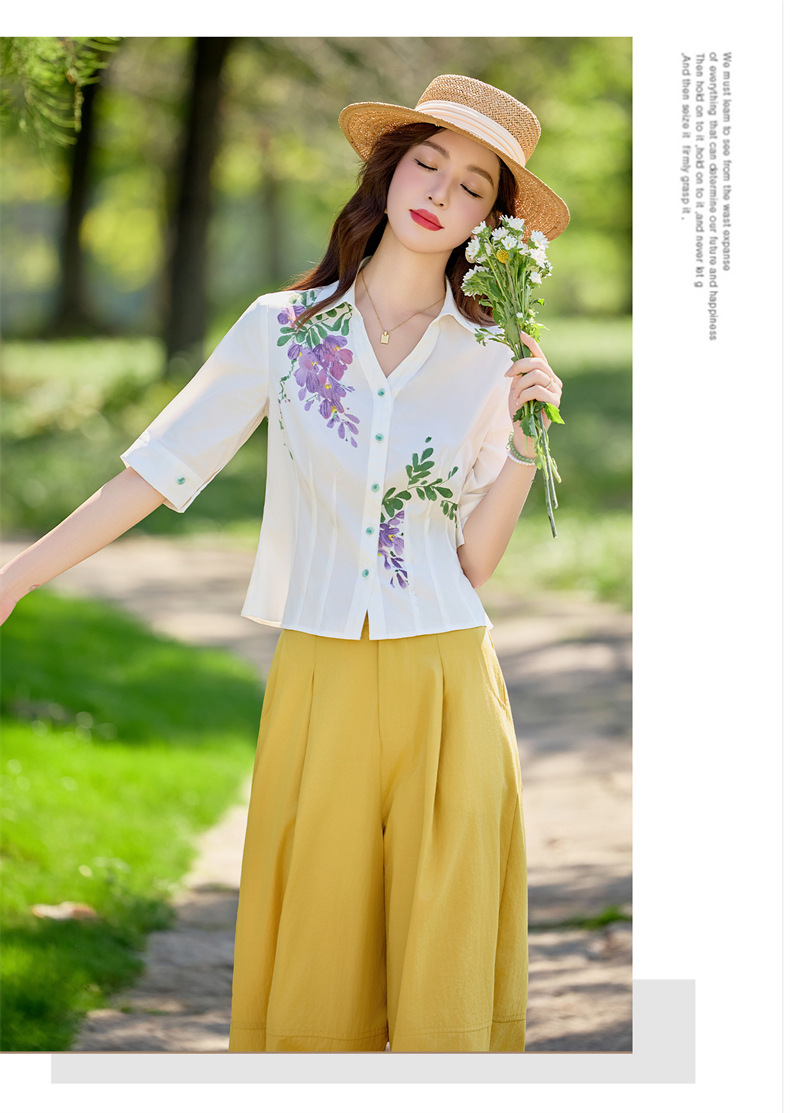 Bộ vest nữ hai mảnh áo sơ mi in họa tiết kết hợp quần ống suông cạp cao — Màu ảnh chi tiết 12