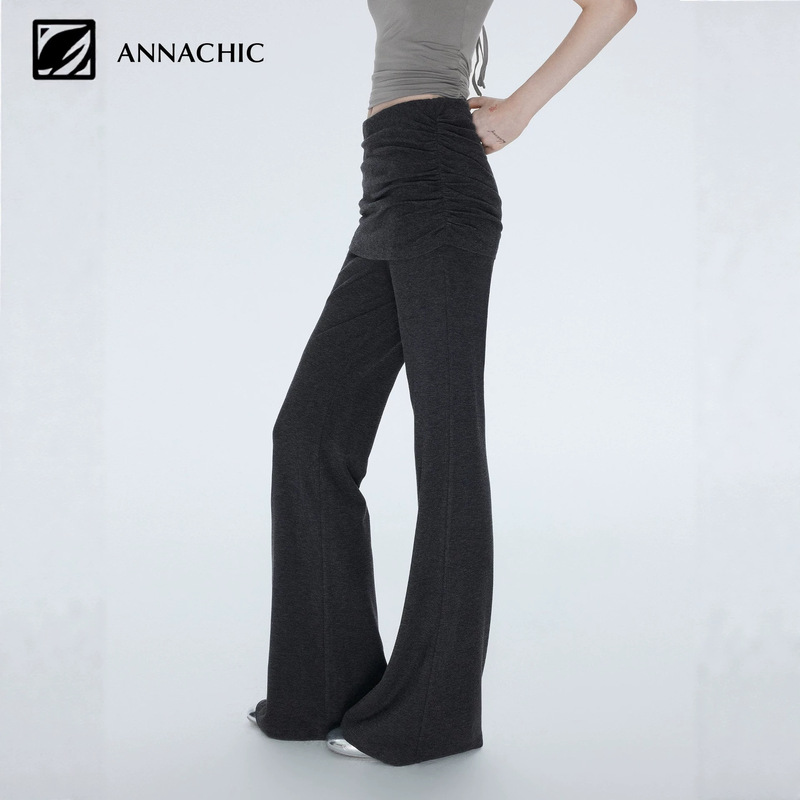 ANNACHIC Slim-Leg Magic Pants_Fake Two-Piece Flare Pants with Hip-Covering Flap_Slim-Fit Stretchy Draped Knit Trousers