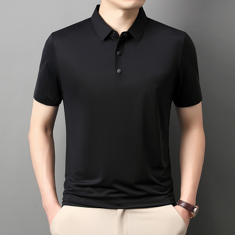 Áo polo nam tay ngắn cổ bẻ ẩn nút, chất liệu ice silk thấm hút nhanh khô — đen