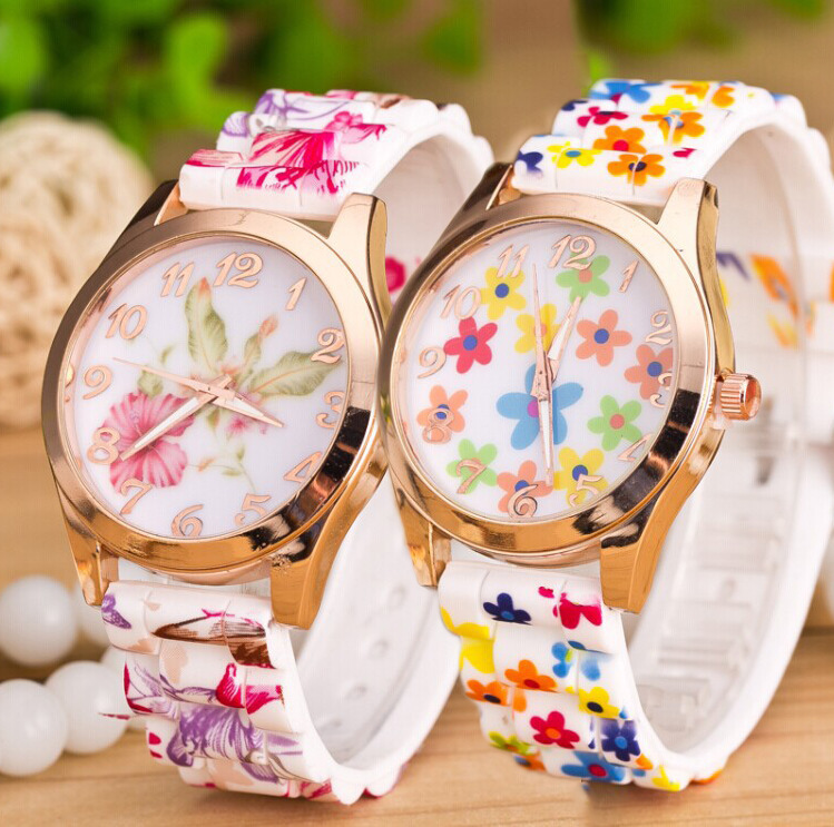 Foreign Trade Classic Fashion Geneva Printed Watch Fashion Flower Silicone Watch Ladies Quartz Watch Wholesale