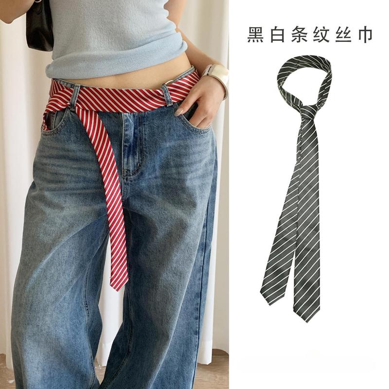 红色条纹腰带女复古小众长条窄丝巾辣妹风y2k学院风腰间装饰飘带|undefined