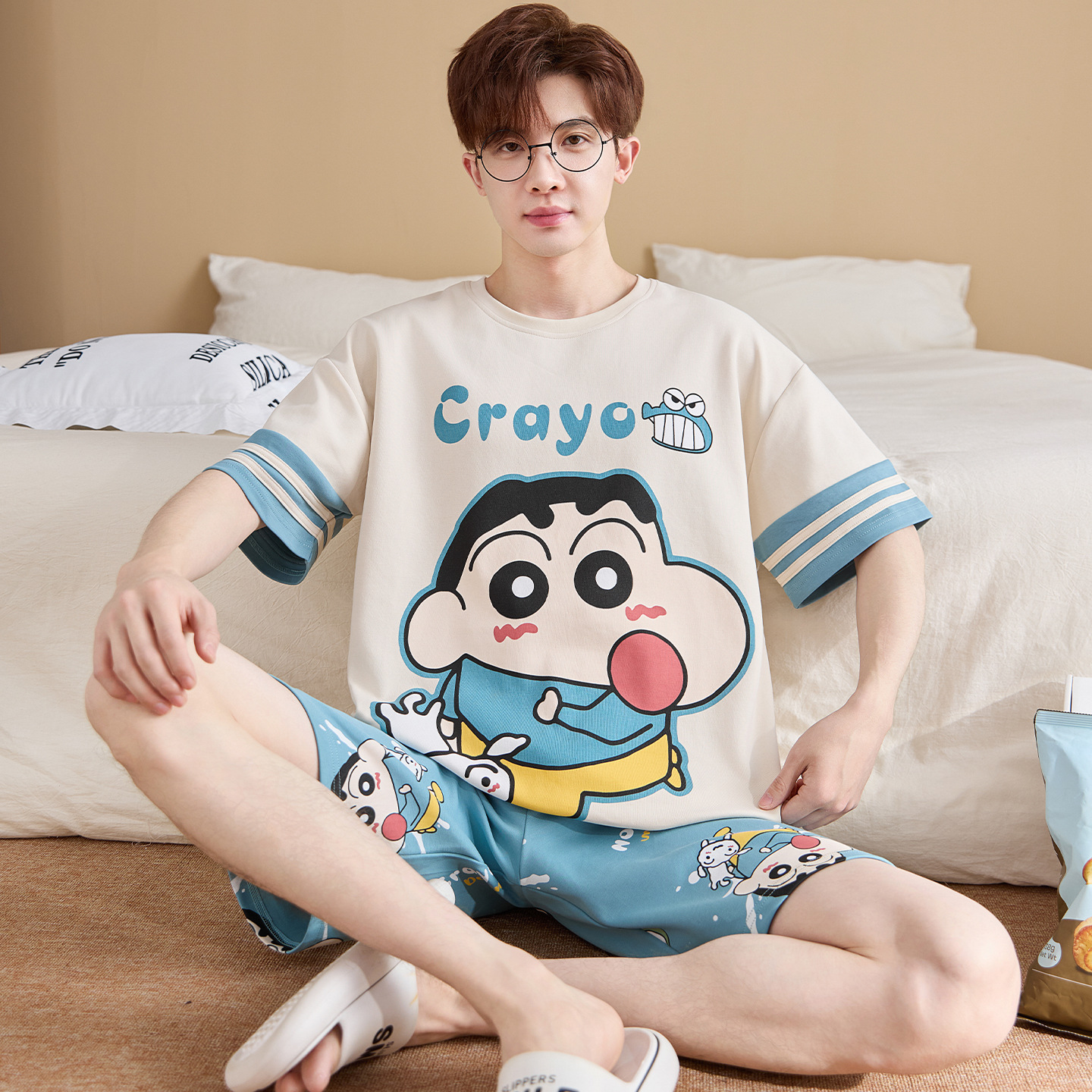 Pure Cotton Pajamas Men's Summer Round Neck Pullover Short Sleeve Cartoon Teenager All Cotton Outwear Home Clothes suit