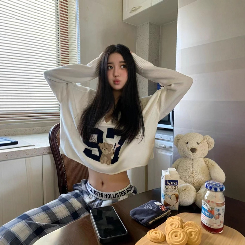 American Hollister Little Seagull Jacquard Digital Bear Short Knitwear Lazy Loose V Neck Knitwear for Women Autumn