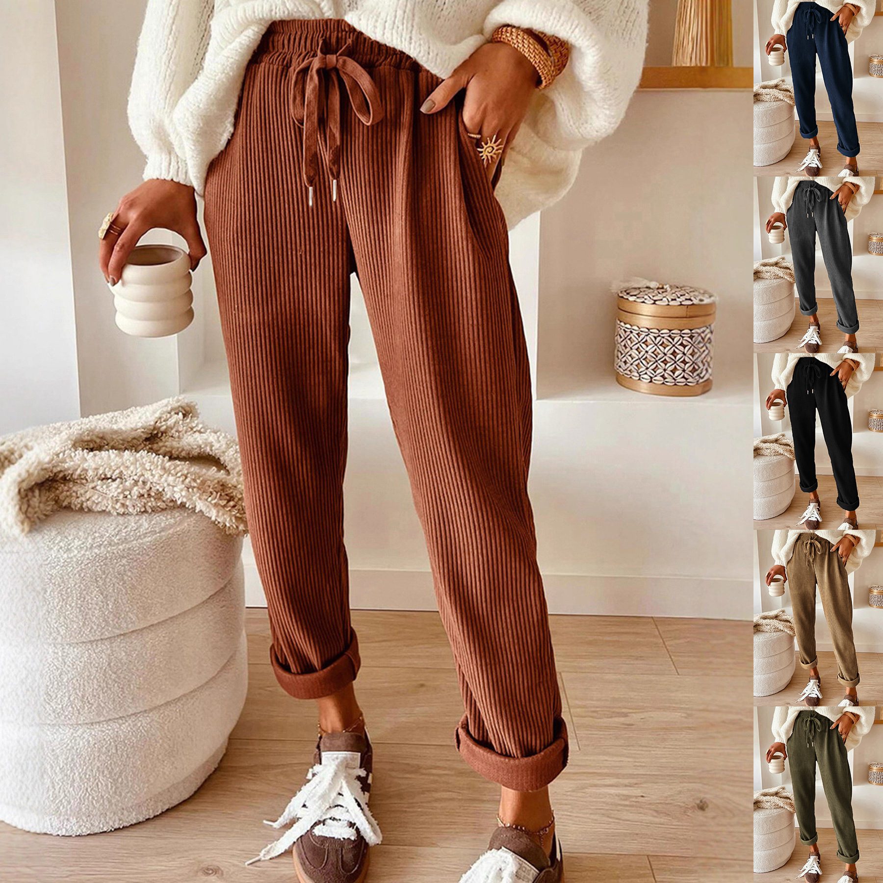 2025 Spot Cross-Border Women's Clothing New Amazon Wish European and American Casual Pants Fashionable Pure Color Wide Leg Pants Women's Pants